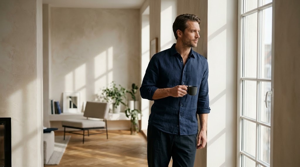 Uomo al mattino vicino alla finestra mentre pianifica la giornata